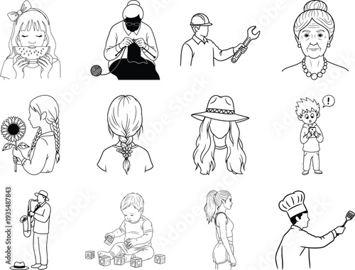 Black and white line of people doing various activities