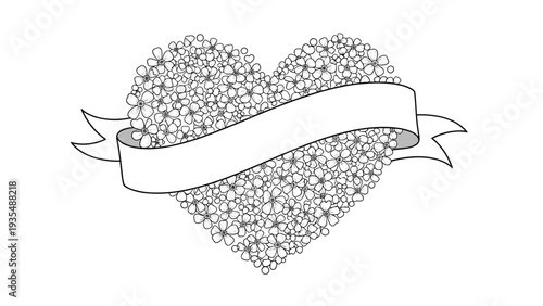 Large heart shape composed of hundreds of tiny hand-drawn flowers with a blank ribbon banner across the center for personalized messages.