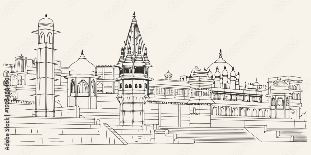 Fototapeta premium Detailed sketch of an indian temple complex with intricate architecture
