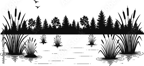 wetland landscape silhouette, lake reeds and forest trees scene, nature reflection water plants illustration, marshland wildlife vector