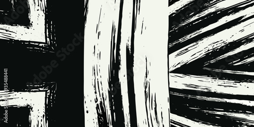 Abstract black and white composition featuring bold expressive brushstrokes