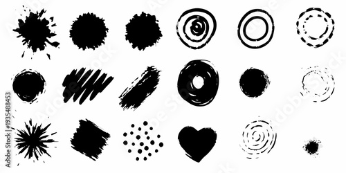 Collection of abstract black brush strokes and textured circular shapes