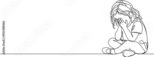 continuous line drawing of young girl hiding face while crying, line art vector illustration