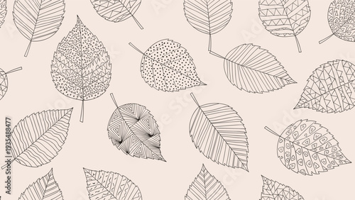 Artistic seamless pattern with leaves decorated with various geometric patterns on a light beige background for fabric design.