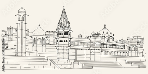 Slika na platnu Detailed sketch of an indian temple complex with intricate architecture