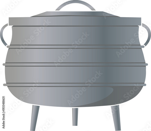 Vector illustration of a silver three legged cast iron pot with a lid on top side view.