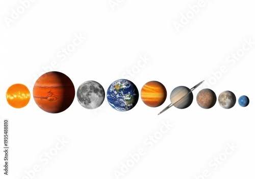 Planets of the solar system aligned in a row isolated on white background