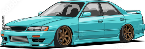 A sleek, teal-colored sports car with bronze rims parked in a studio setting from a low-angle viewpoint.