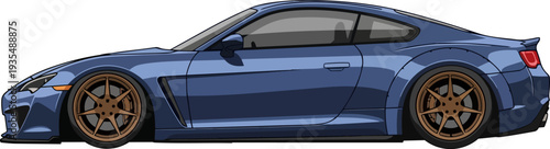 A blue sports car is parked on a plain white background from a side view.