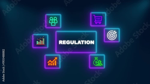 Business trade infographic regulation text surrounded by neon icons for teamwork global commerce strategy analytics growth finance and success