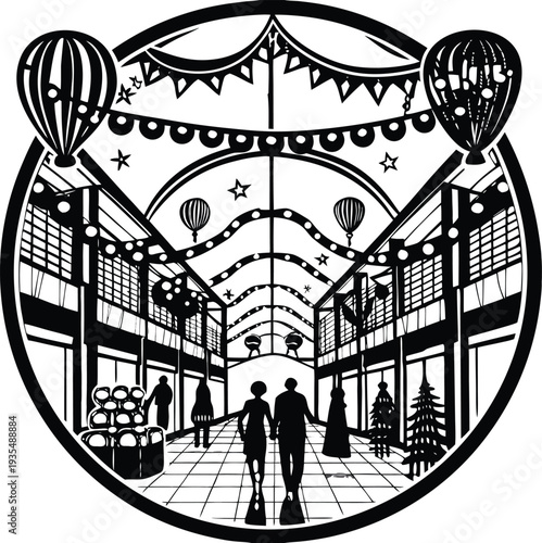 Black and white vector illustration of a shopping mall interior with hot air balloons