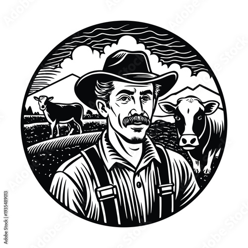 Vector illustration of farmer with cow in field