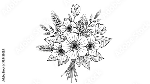 Rustic hand drawn bouquet of wild flowers and wheat ears in a monochrome sketch style on a white background.