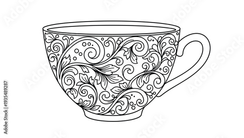 Intricate black and white line art of a decorative teacup featuring elegant swirling floral and leaf patterns for coloring.