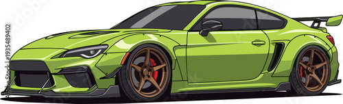 A sleek, lime-green sports car with copper-rimmed wheels and aerodynamic features is viewed from the side on a plain background.