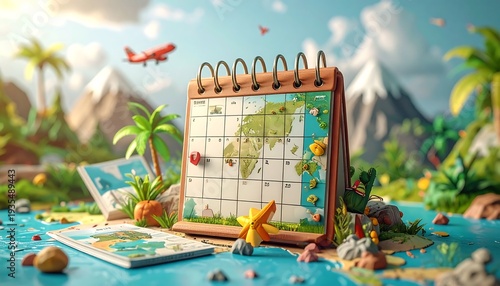 3D calendar with world map and tropical scenery