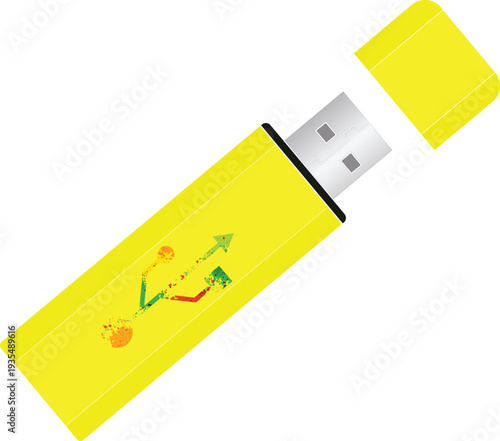 Stylish Yellow USB flash drive with a cap vector illustration. Memory stick vector illustration. 