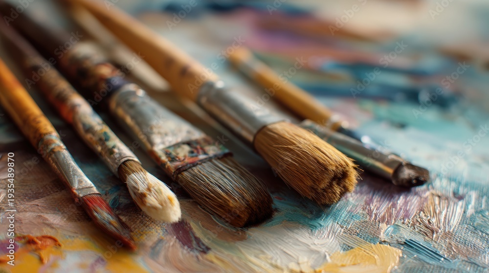Fototapeta premium Education training class. Knowledge learning improvement study. A closeup of paintbrushes on a vibrant, colorful palette, with a blurred background, emphasizing the artistry of the scene.