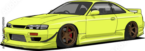 Digital illustration of a bright yellow sports car with custom wheels on a plain white background from a low angle
