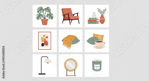 Cozy Home Decor Elements Collection Flat Illustration.