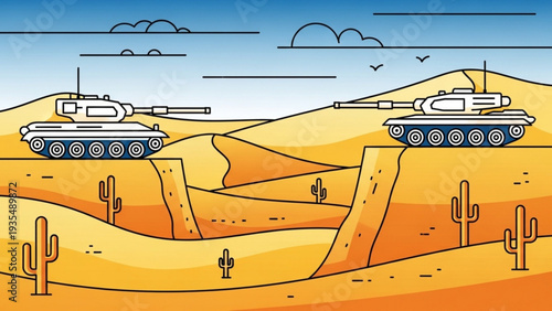 Military tanks maneuver through desert terrain with cacti and rolling hills under a clear blue sky