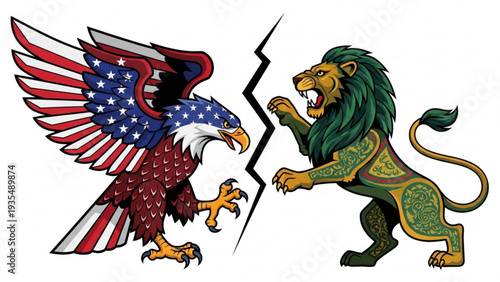 A fierce eagle and lion face off in a dramatic confrontation scene, set against a transparent background with bold, graphic illustrations, 20.svg-inspired artwork