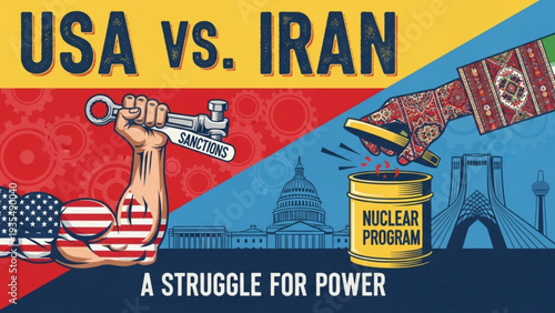 A geopolitical illustration depicting the USA versus Iran struggle for power with nuclear symbols and national flags