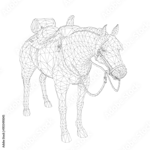 A wireframe horse model with a saddle stands isolated on a clean white background. This digital animal illustration is perfect for design projects.