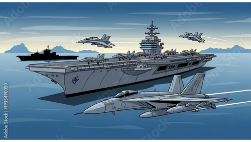 Aircraft carrier and fighter jets in action over the ocean with other naval vessels nearby in a digital illustration