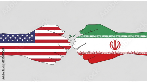 Two fists clash with the USA and Iran flags in a symbolic illustration of conflict