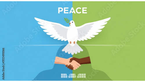 Illustration of a white dove flying above hands shaking in agreement, symbolizing peace and harmony in a serene environment