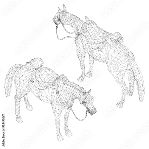 Two wireframe horses with saddles stand side by side against a clean white background. This minimalist animal set uses geometric lines and shapes.