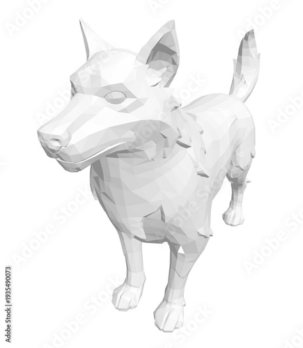 A stylized polygonal dog composed of colorful geometric shapes creates a unique and eye-catching design on a clean white background.