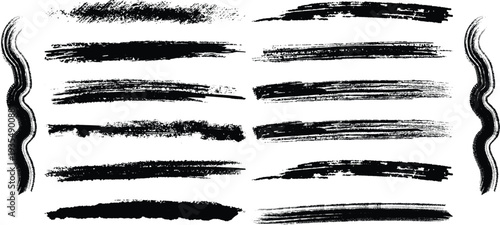 A collection of diverse black brush strokes and paint swatches on a white background, ideal for graphic design and artistic backgrounds.