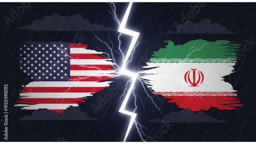 Conflict between United States and Iran flags torn apart by lightning in a dramatic clash