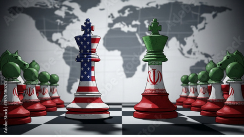 International Conflict Chess Pieces on a Board with Global Map Background Illustration