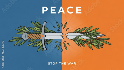 Sword entwined with leaves symbolizing peace and anti-war message in a split-colored background illustration