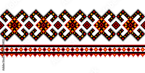 Vyshivanka. National traditional embroidery texture yellow, black and red colours. Detailed horizontal seamless ornamental pattern. Textile print abstract background. Vector illustration