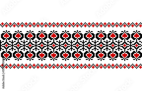 Vyshivanka. National traditional embroidery texture black and red colours. Detailed horizontal seamless ornamental pattern. Textile print abstract background. Vector illustration
