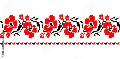 Vyshivanka with poppies. National traditional inwrought embroidery texture with black and red flowers. Detailed horizontal seamless ornamental pattern. Textile print abstract background. Vector illust