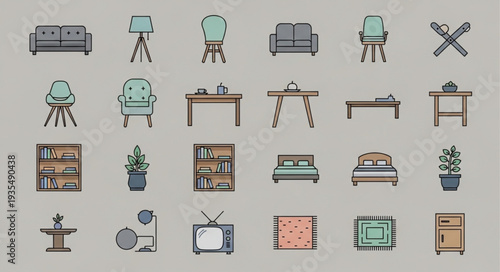 Collection of cartoon furniture and home decor items.
