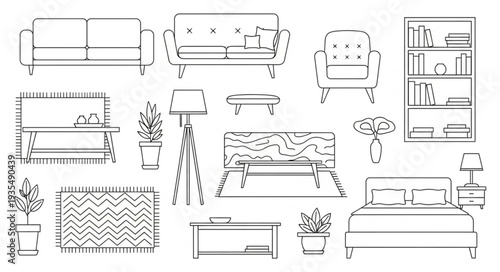 Collection of hand-drawn furniture and home decor items.