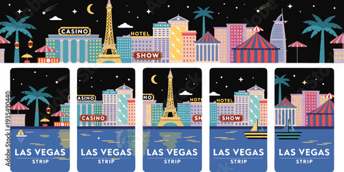 USA, US, U.S, United States - Set of Las Vegas Strip at Night with Neon Lights & Skyline Reflections – Ultra‑Wide Panoramic Flat Vector Illustration | Vibrant Casino Cityscape Banner, Card & Flyer Des