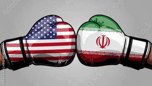Two boxing gloves with USA and Iran flags facing each other in a confrontational stance