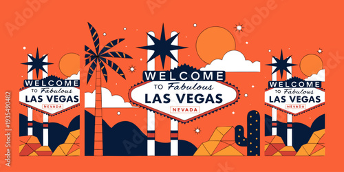 USA, US, U.S, United States - Set of Welcome to Fabulous Las Vegas Sign at Sunset – Desert Glow Ultra‑Wide Flat Vector Illustration | Iconic Strip Landmark Banner, Card & Flyer Design for Vibrant Trav