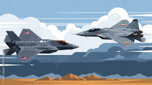 Military jets flying in formation over desert mountains, vector illustration, 73.svg reference