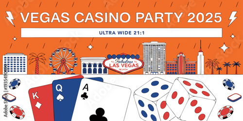 USA, US, U.S, United States - Set of Casino Cards & Dice with Las Vegas Skyline – Ultra‑Wide Flat Vector Illustration | Neon Strip Gaming Banner, Card & Flyer Design for Casino, Nightlife & Urban Ente