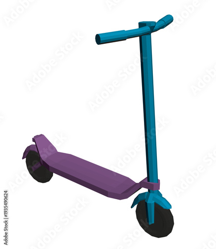 Polygonal purple and blue scooter in motion on a clean white background, created as a 3D animated graphic.