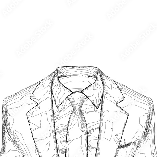 A classic black and white contour sketch of a suit blazer and tie. The blazer features a lapel collar, two buttons, and flap pockets alongside a patterned tie.