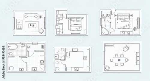 Architectural Floor Plans of Various Rooms and Layouts.